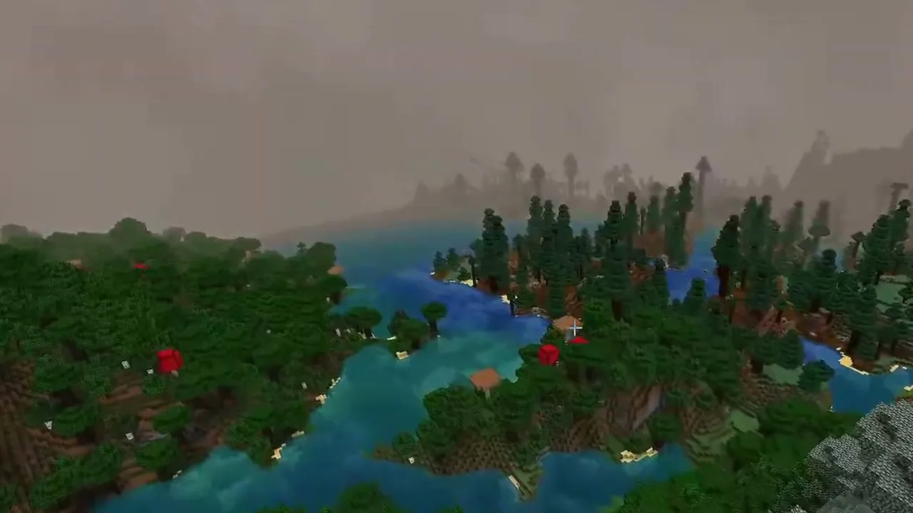 Twin Pale Gardens and Snowy Mountain Ring: A river winding through a dark forest beside a pale garden cliff at spawn