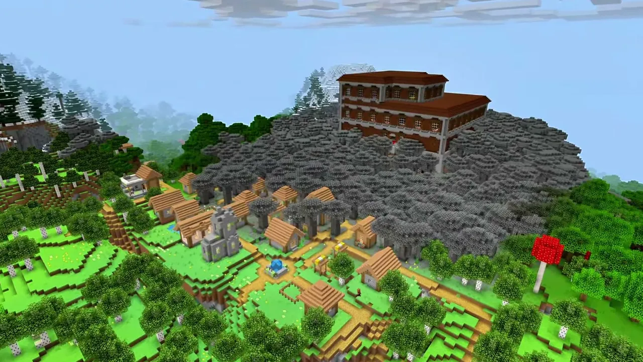Pale Garden Woodland Mansion and Village: A village in the foreground with a woodland mansion sitting on a pale garden hill directly behind it