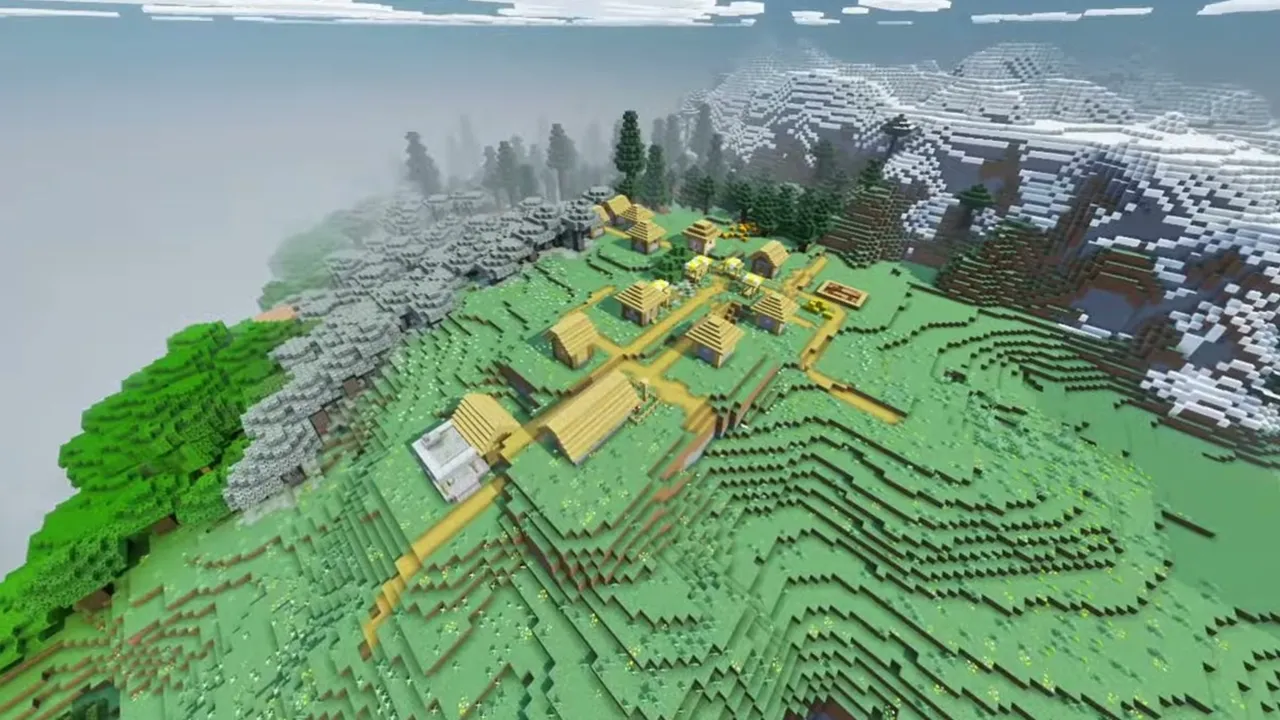 Meadow Village Between Pale Garden and Snowy Hills: Aerial view of a meadow village between a pale garden slope and snowy mountains in Minecraft Bedrock