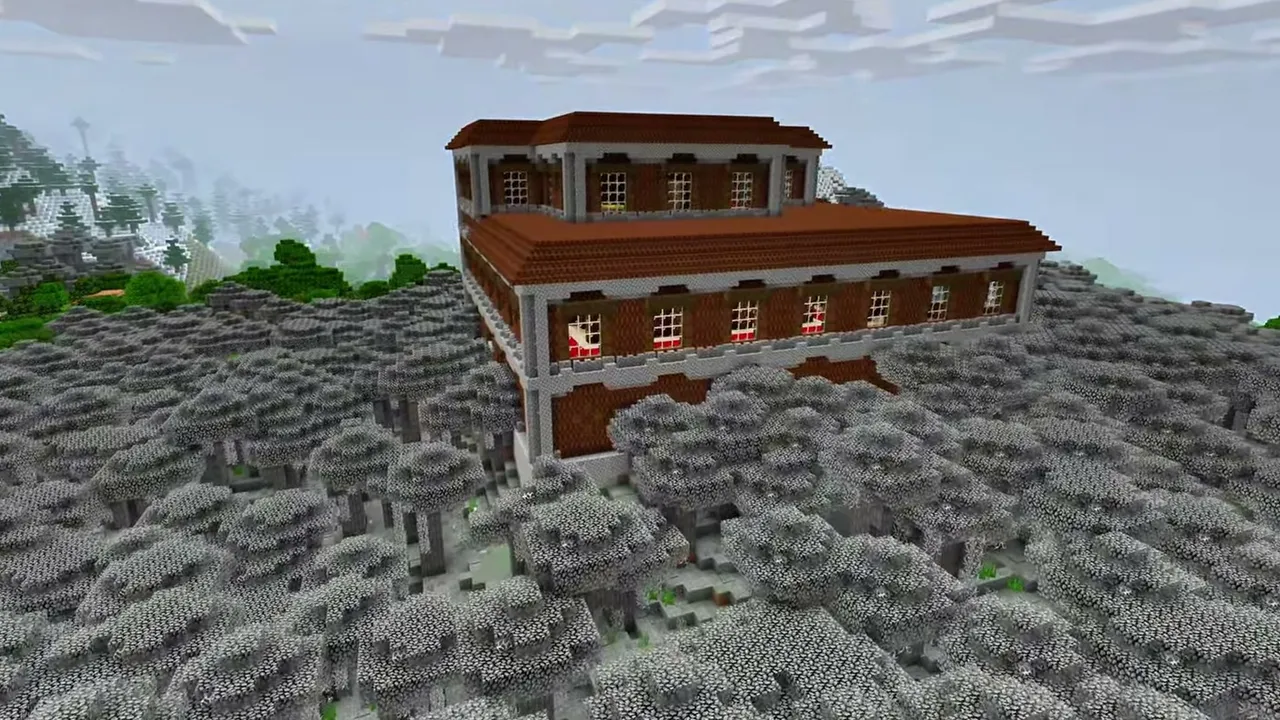 Pale Garden Woodland Mansion and Village: Close view of the woodland mansion surrounded by grey pale oak trees