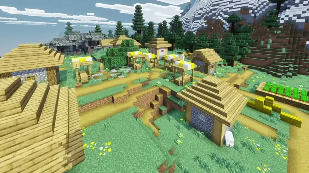 Meadow Village Between Pale Garden and Snowy Hills: Closer view of the meadow village market stalls, houses, and crop plots beside pine and pale oak trees
