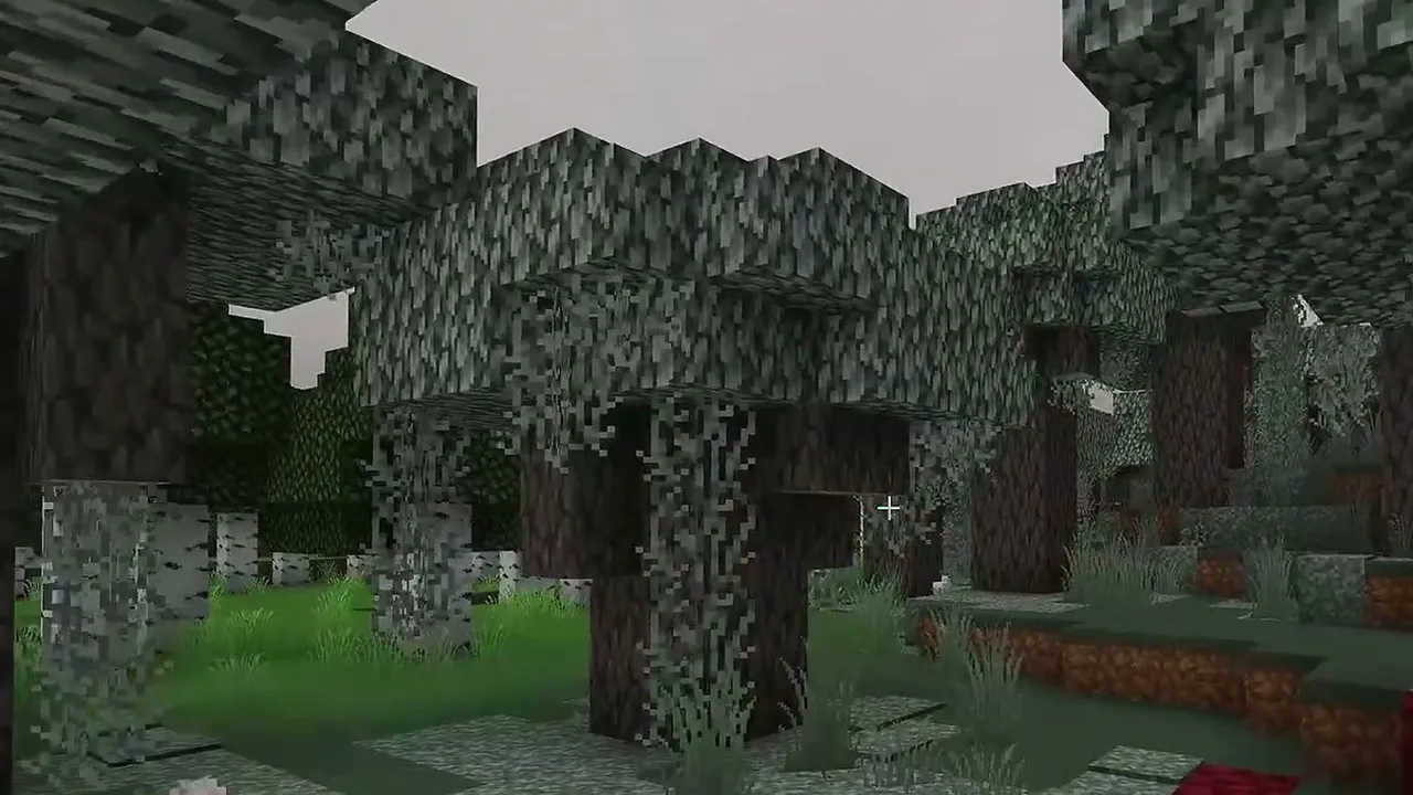Mountain Ridge Pale Garden with Ruined Portal: Ground view beneath the pale oak canopy showing hanging pale moss and netherrack from a ruined portal