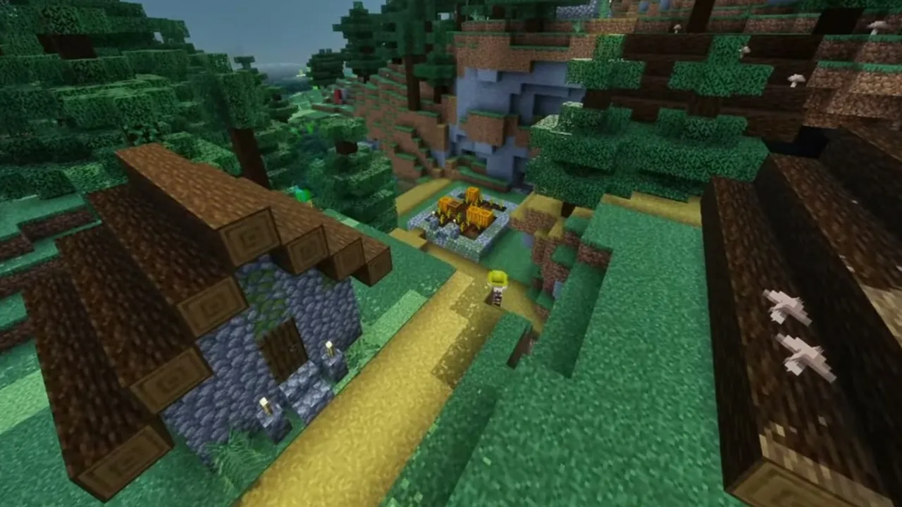 Hilltop Village Ringed by Pale Garden Slopes: Ground view inside the village showing cobblestone houses, a town bell, and pumpkins near the forest edge
