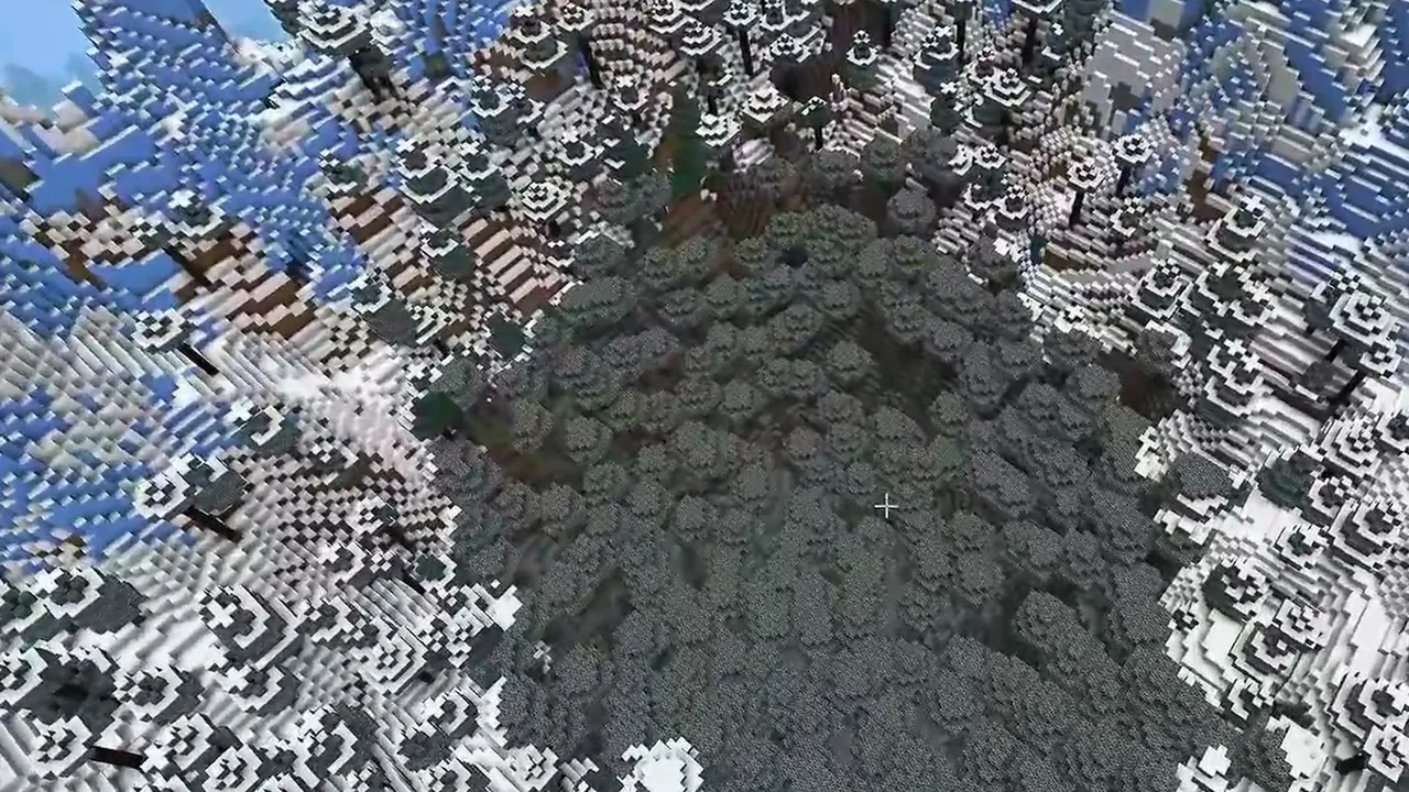 Twin Pale Gardens and Snowy Mountain Ring: High overhead view of a circular pale garden enclosed by jagged snowy mountain peaks