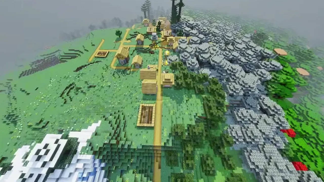 Taiga Hillside Village and Pale Garden Gorge: High view of a village on a green ridge next to a grey pale garden hillside