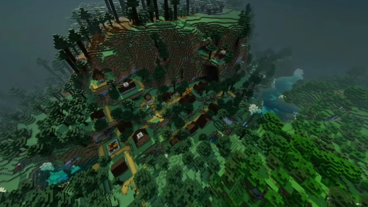 Hilltop Village Ringed by Pale Garden Slopes: Overhead view of a steep hill topped by a village and surrounded by pale garden and pine taiga trees