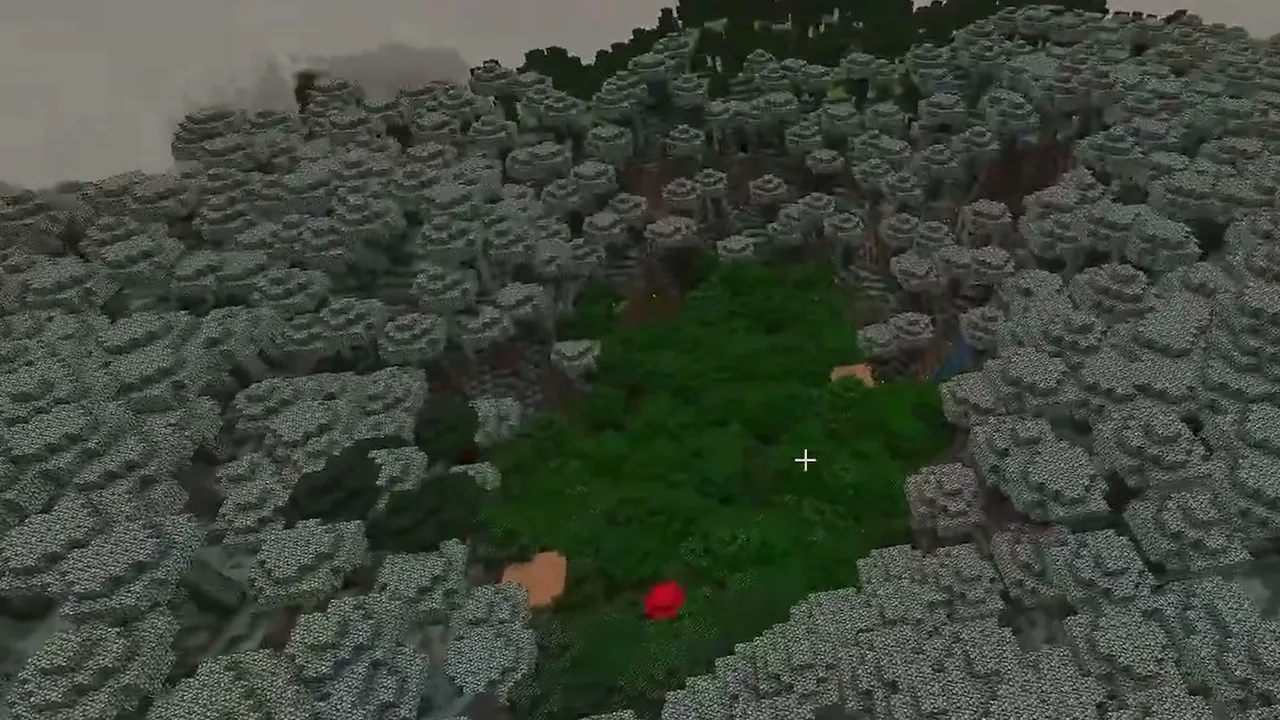Lakeside Pale Garden Peninsula: Overhead view of a wide pale garden hilltop ringing a small patch of green dark oak trees