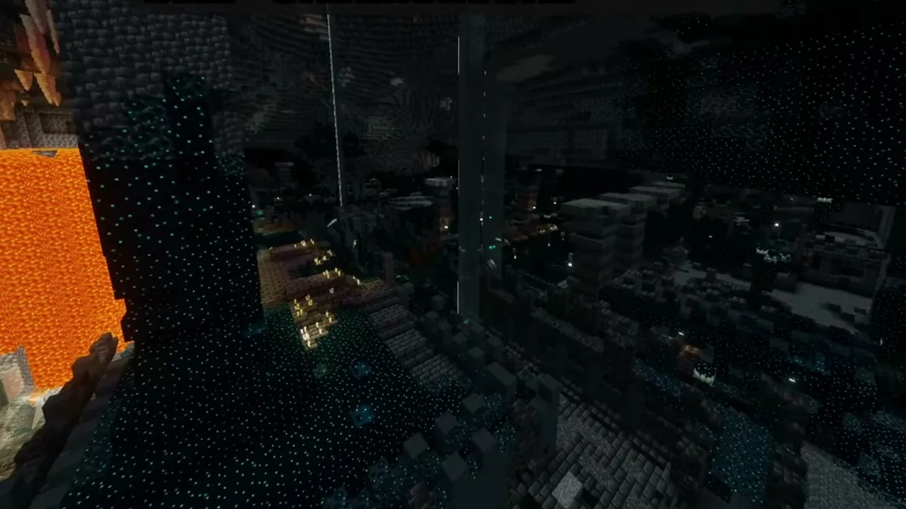 Forest Clearing Village Above an Ancient City: Underground view of an ancient city with deepslate halls and a lava fall beneath the village