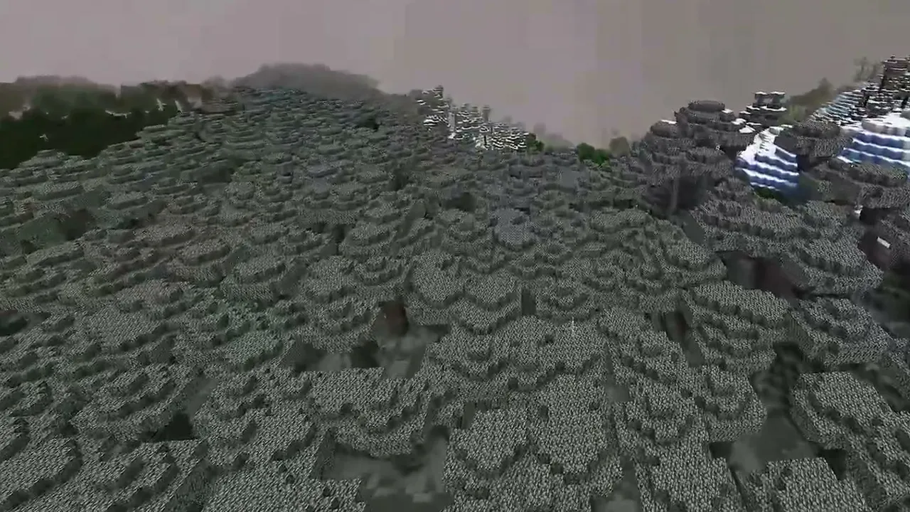 Mountain Ridge Pale Garden with Ruined Portal: Wide aerial view of a large pale garden covering a mountain ridge beside snowy slopes