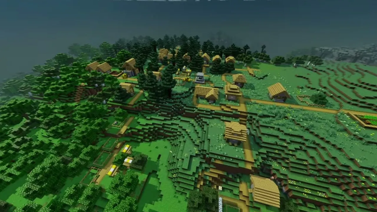 Forest Clearing Village Above an Ancient City: Wide view of a meadow village in a grassy clearing between an old growth taiga and a pale garden