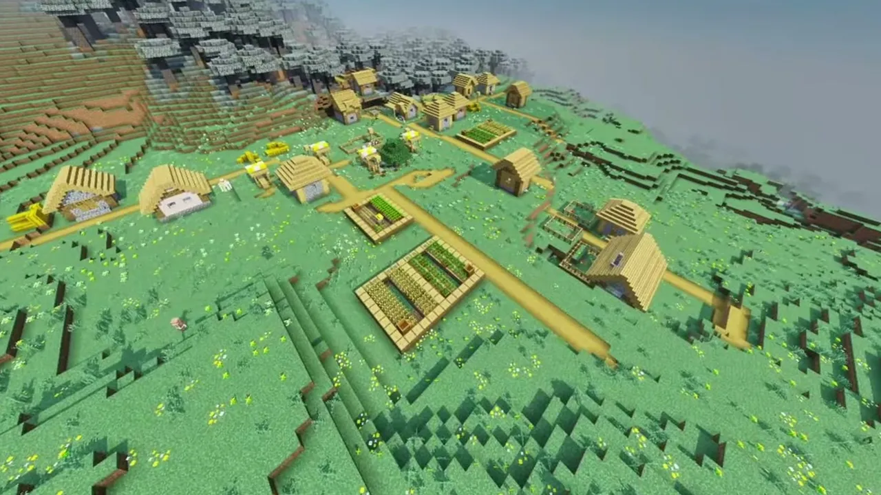 Pale Garden Border Village with Blacksmith: Wide view of a meadow village with wooden houses and farms along the edge of a pale garden