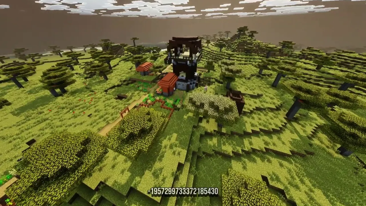 Savanna Cave Outpost Town: Acacia buildings and watchtower on savanna grass