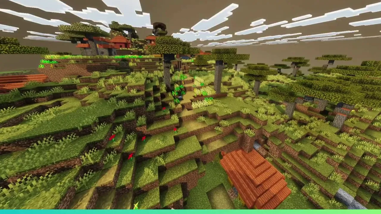 Creek Shore Outpost Town: Creek separating pillager outpost from village huts