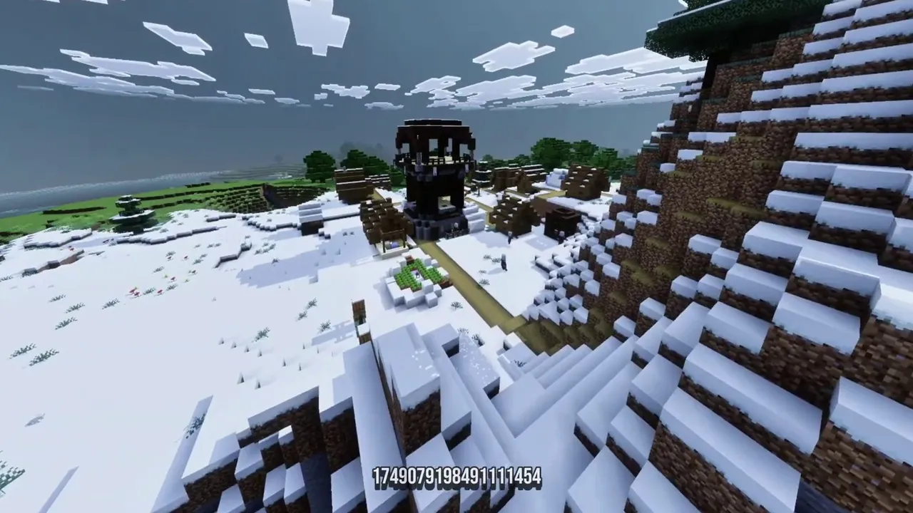Snowy Plain Outpost Village: Frosted roofs and watchtower on snow ground