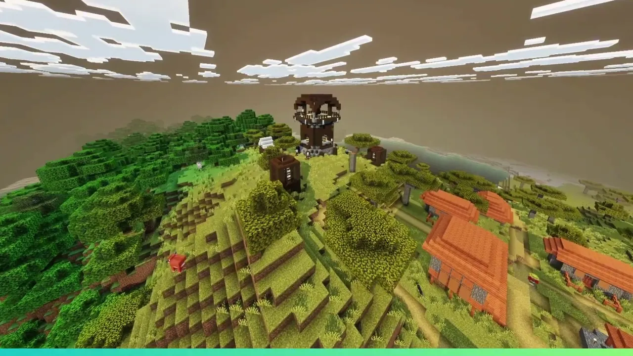 Creek Shore Outpost Town: Village farms and tower along a water stream