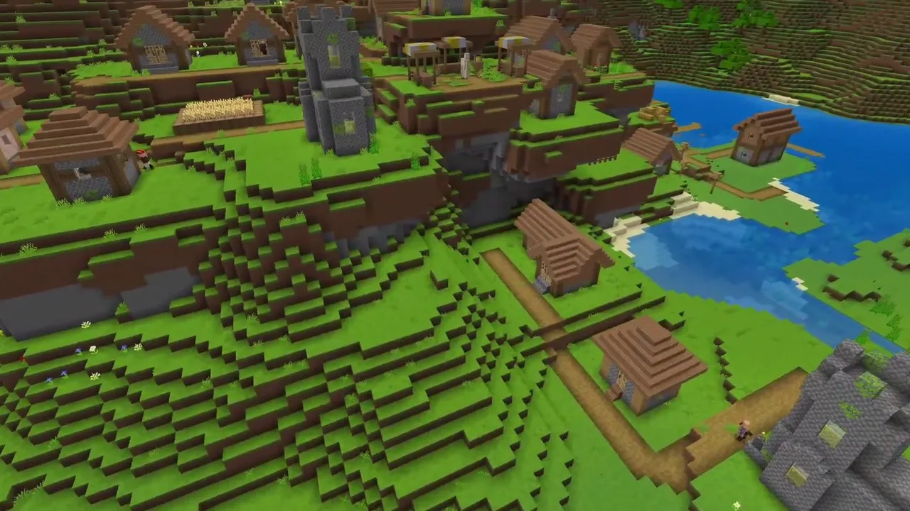 Cherry Hilltop Peninsula Encircled by a River Loop: Closer view of cobblestone church towers and wooden houses above the river at X 88, Z 312