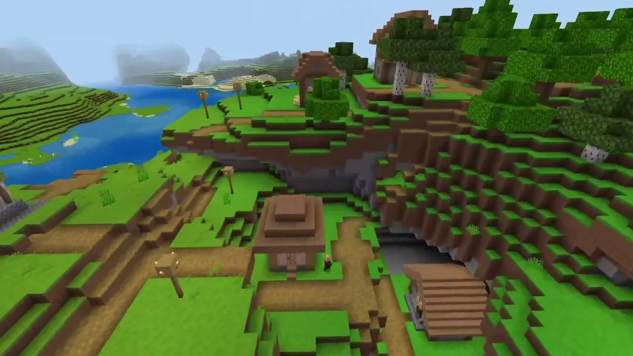 Cliff Overhang and Riverbank Split Plains Village: Closer view of riverbank houses and paths below the birch-topped cliff at X 56, Z 56