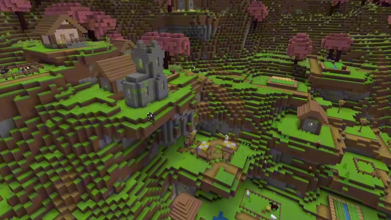 Cherry Hillside Village Beside a Forest River Channel: Closer view of the cobblestone tower and terraced village houses below cherry trees at X 216, Z -408