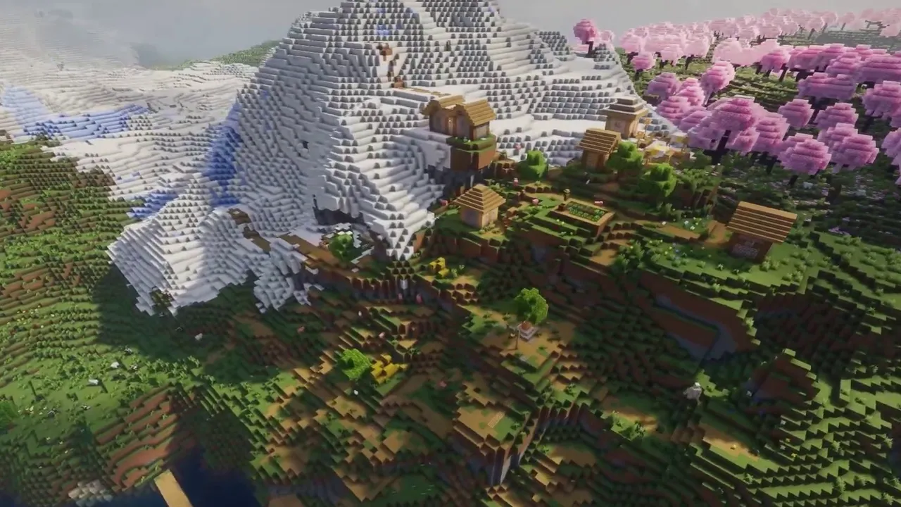 Snowy Cherry Mountain Village Stepping Down to a River: Hillside village houses stepping down from snow and cherry trees to the riverbank at X -227, Z 85