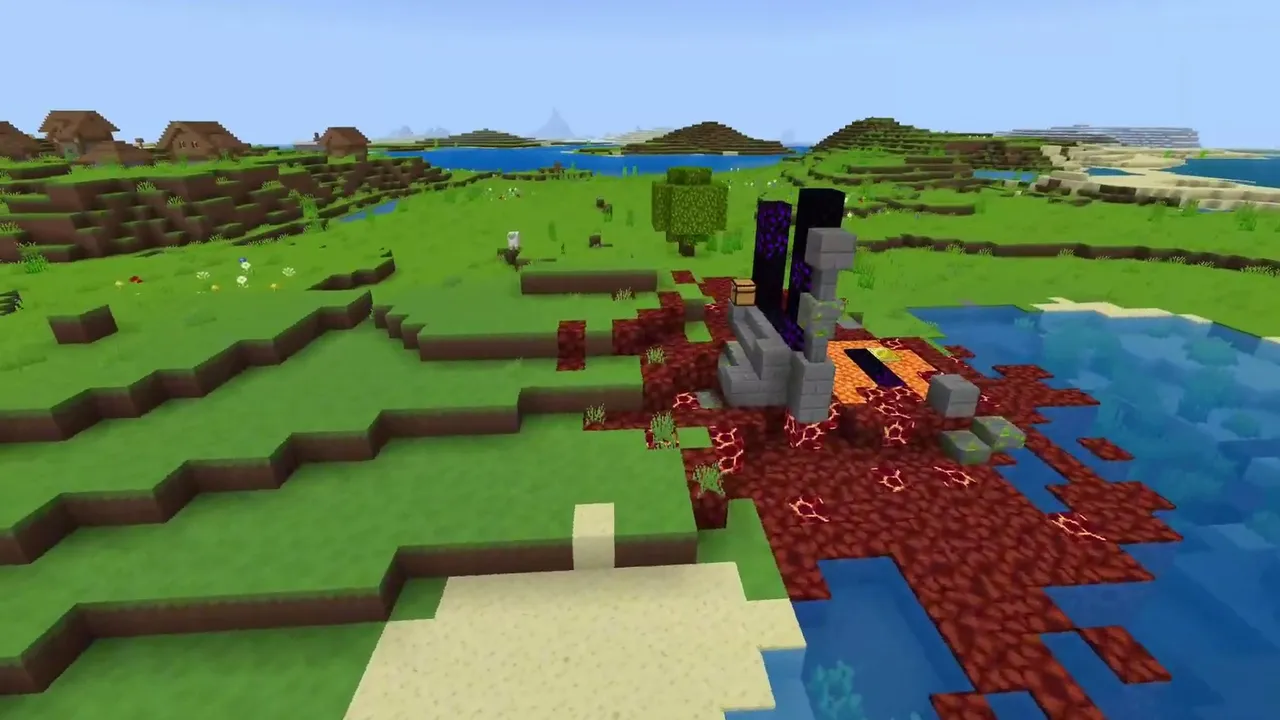 Coastal River Village With Pillager Outpost and Ruined Portal: Large ruined nether portal with netherrack and lava on the riverbank shore near X 72, Z 8
