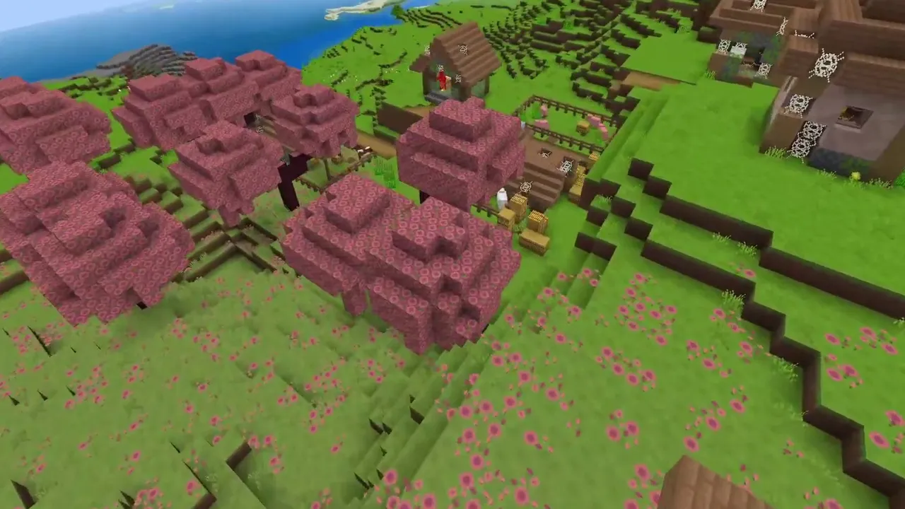 Terraced Riverbank Village Below a Cherry Grove Ridge: Pink cherry blossom trees and a cobblestone church on the ridge above the village at X 56, Z 120