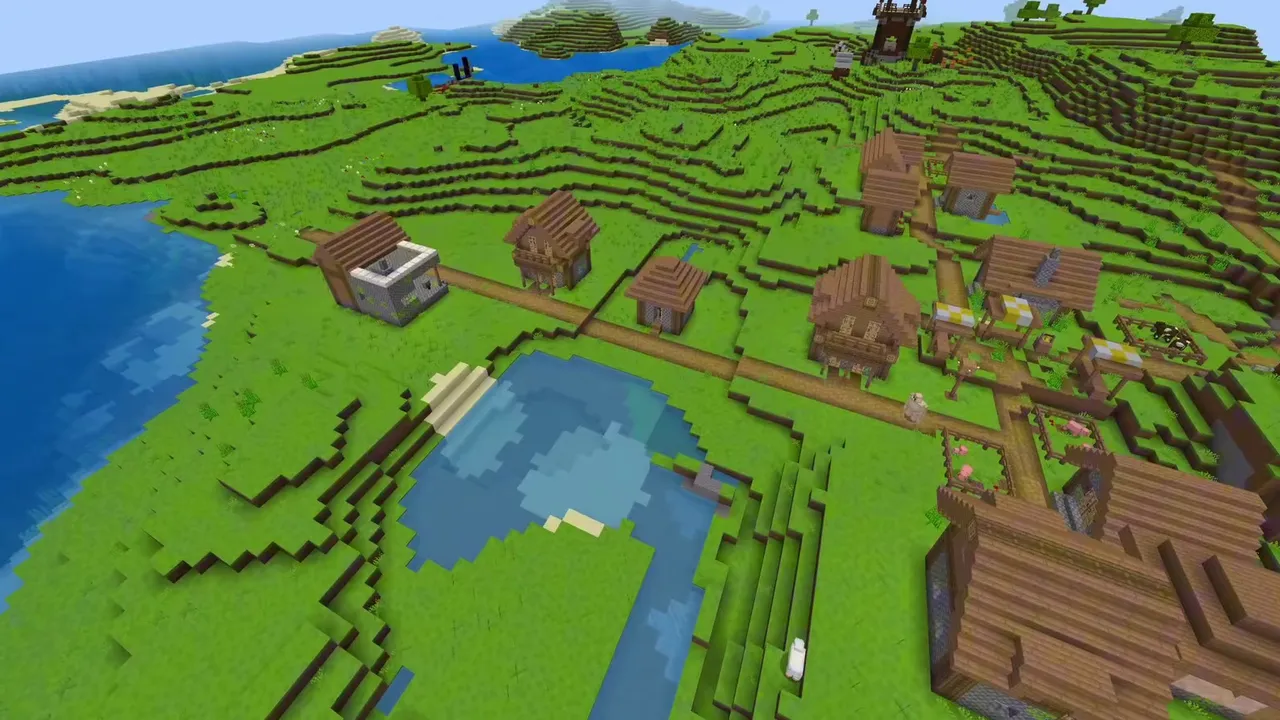 Coastal River Village With Pillager Outpost and Ruined Portal: Plains village along a river basin with a pillager outpost across the water in Minecraft Bedrock