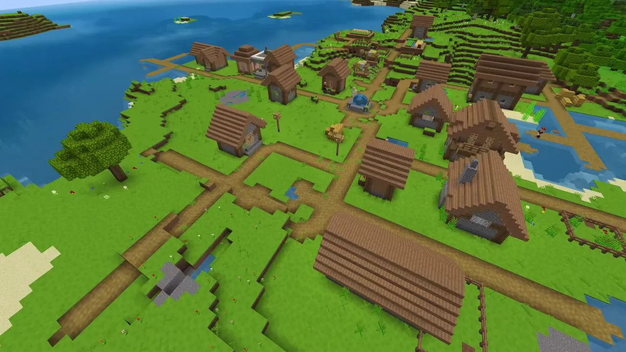 Coastal River Estuary Village With Wooden Piers: Plains village at a wide river mouth opening into an ocean bay in Minecraft Bedrock