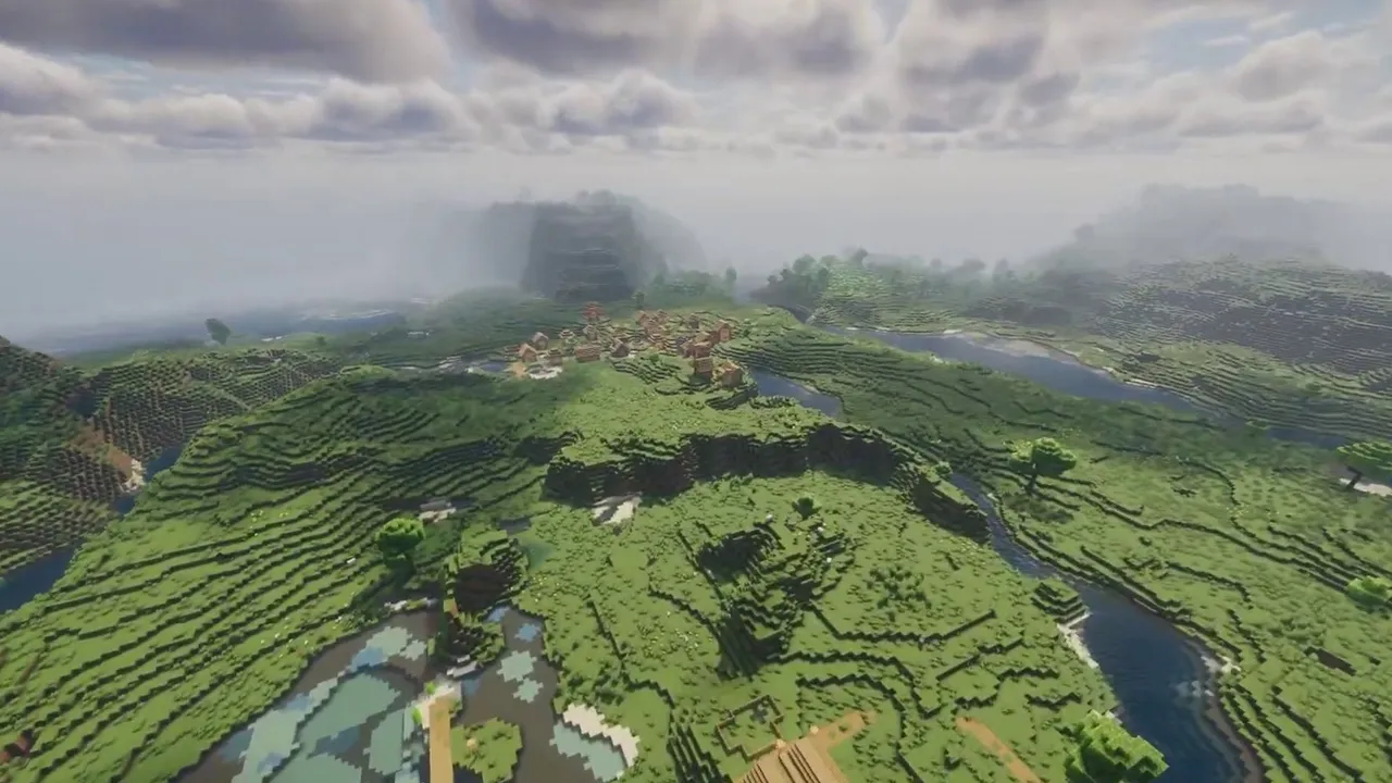 Twin River Valley Villages Below a Cherry Grove Hill: Plains village houses and farm plots straddling the river channel at X 350, Z 225