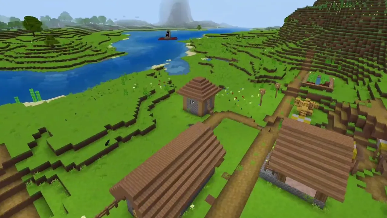 Double Plains Villages Across Open River Grasslands: Plains village houses bordering a wide river bend at X 8, Z 88 in Minecraft Bedrock