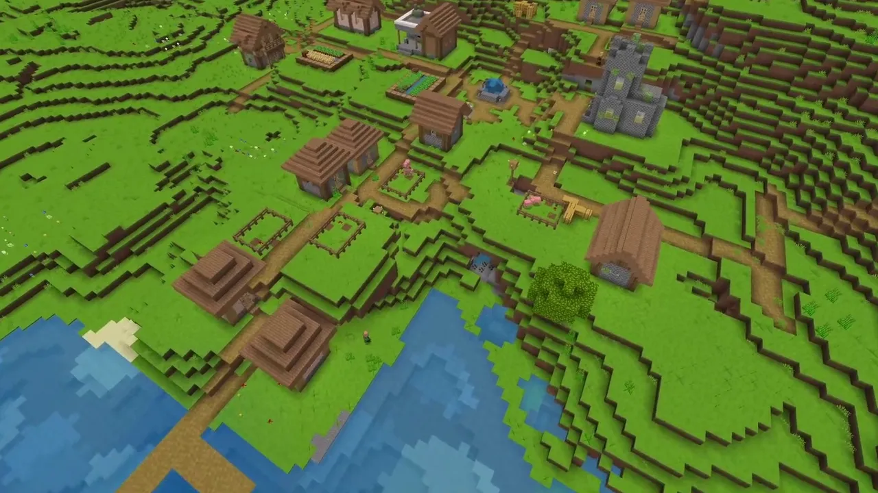 Twin Plains Villages Along a Forested River Bend: Plains village on a grassy slope above a river curve at X 72, Z 88 in Minecraft Bedrock