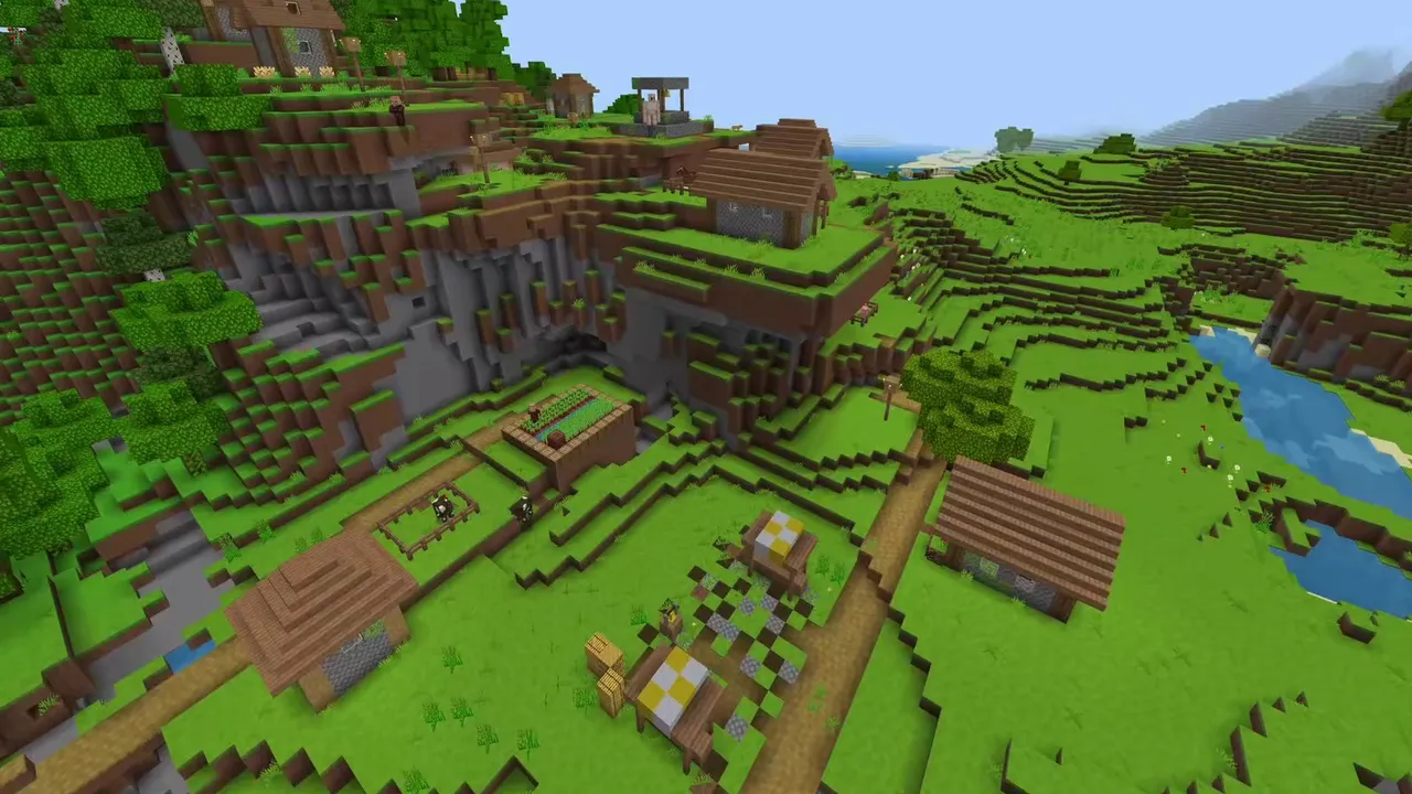 Cliff Overhang and Riverbank Split Plains Village: Plains village split between a stone cliff overhang and a low riverbank in Minecraft Bedrock