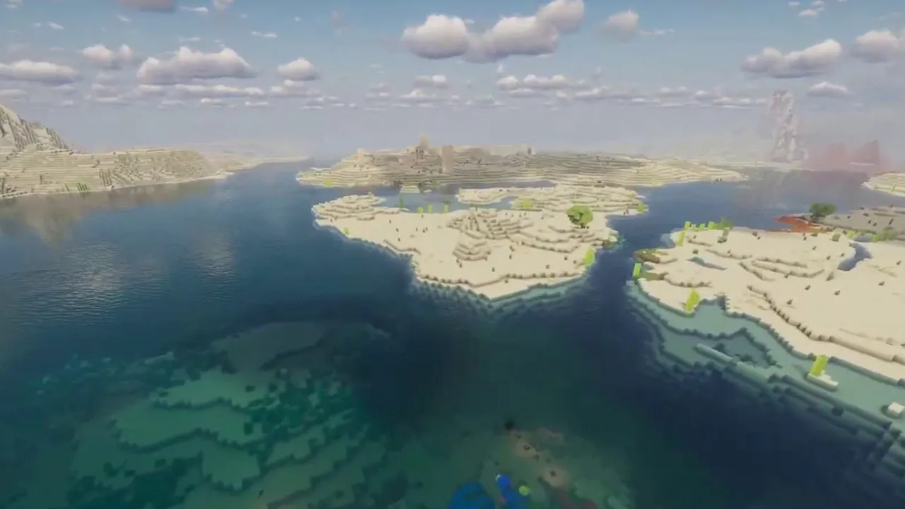 Desert River Mouth and Coastal Temple Villages: River channel opening into a coastal bay beside desert settlements in Minecraft Bedrock