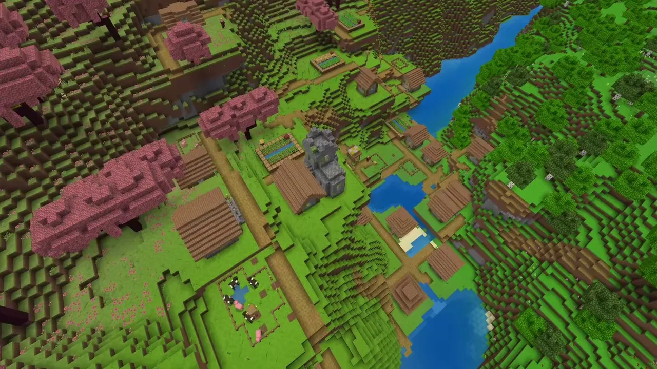 Cherry Hillside Village Beside a Forest River Channel: River channel running between a pink cherry blossom hillside village and an oak forest in Minecraft Bedrock