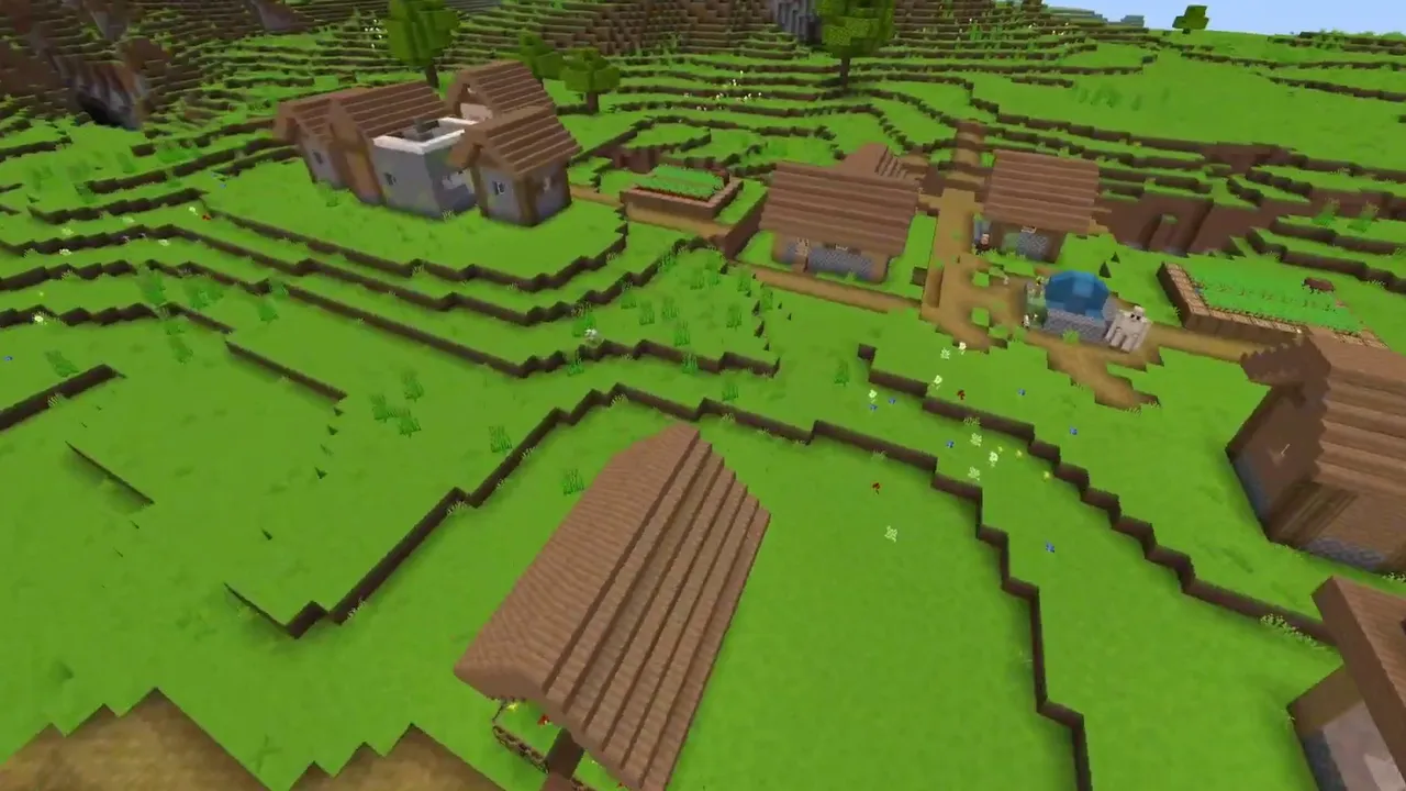 Double Plains Villages Across Open River Grasslands: Second plains village with a blacksmith on flat grassland at X -248, Z 152