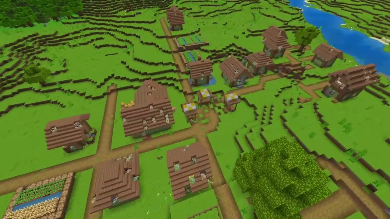 Twin Plains Villages Along a Forested River Bend: Second plains village with fenced crop plots on a flat river peninsula at X 72, Z -184