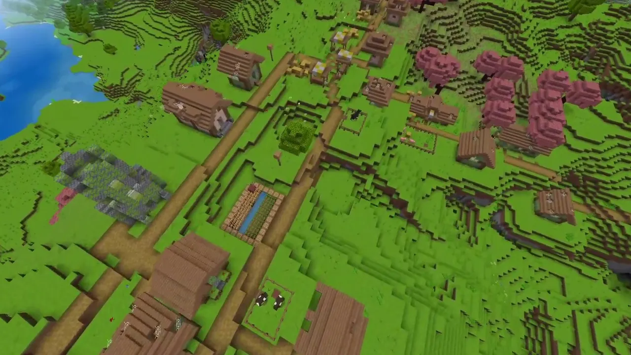 Terraced Riverbank Village Below a Cherry Grove Ridge: Terraced plains village sloping down to a river bend with cherry trees on the hill in Minecraft Bedrock
