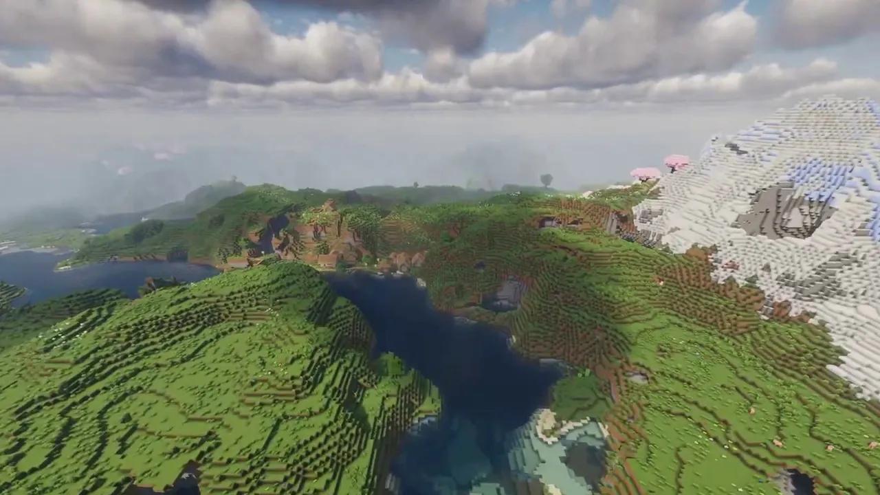 Snowy Cherry Mountain Village Stepping Down to a River: Wide river channel curving beneath a snowy mountain slope and cherry grove in Minecraft Bedrock