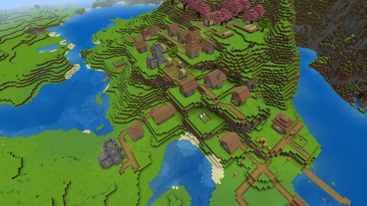 Cherry Hilltop Peninsula Encircled by a River Loop: Wide river looping around a green hilltop village crowned with pink cherry trees in Minecraft Bedrock