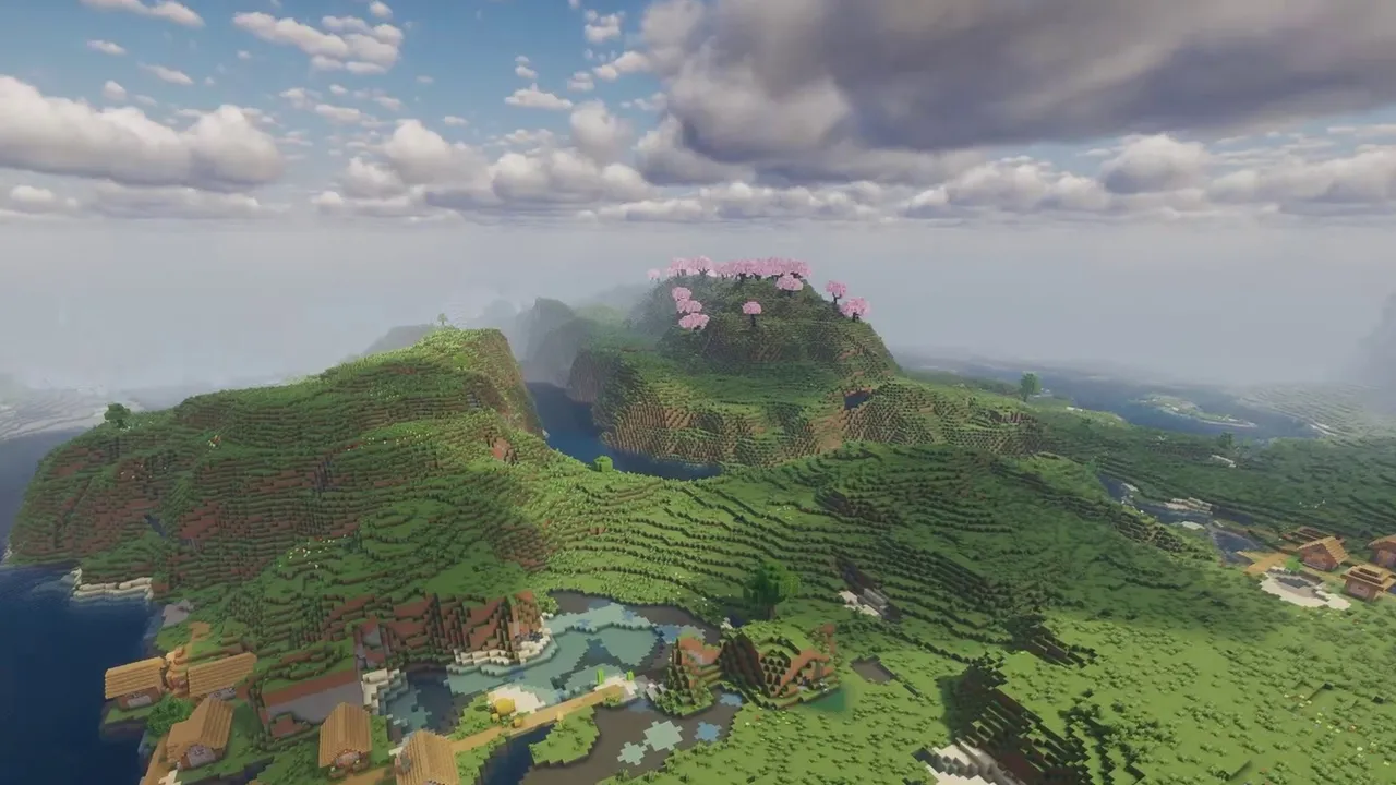 Twin River Valley Villages Below a Cherry Grove Hill: Wide view of twin plains villages in a river valley below a cherry blossom hill in Minecraft Bedrock