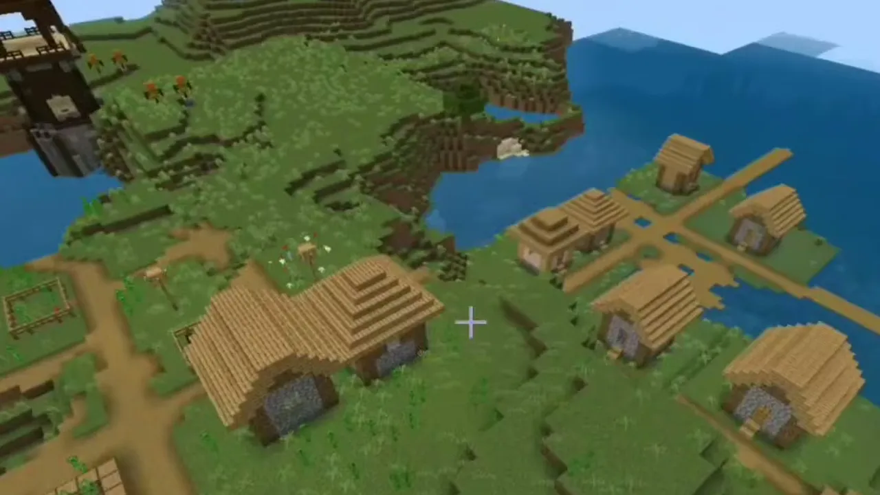 Two-Gold-Block Forest Portal Near Bay Village and Outpost: Coastal bay plains village with a pillager outpost on the hillside behind it