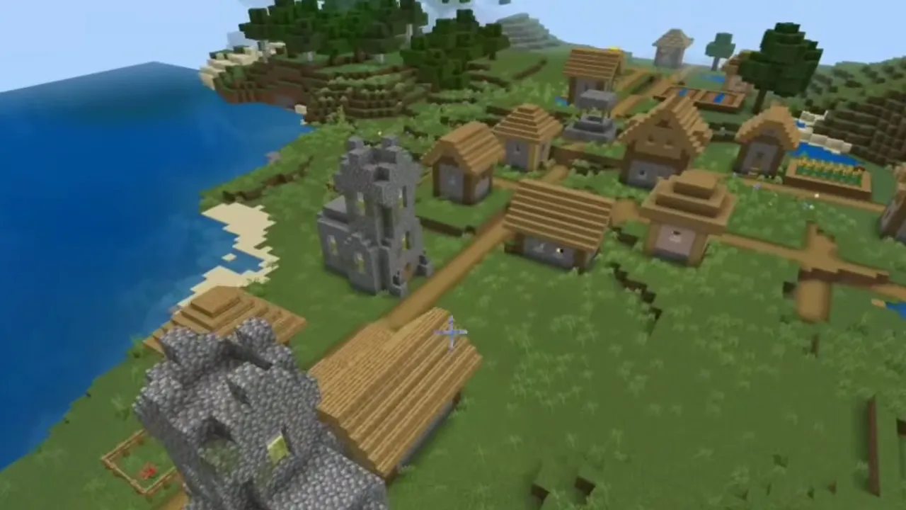 Sandy Lava Pit Portal Near Coastal Two-Church Village: Coastal plains village with two cobblestone churches and farm plots by the water