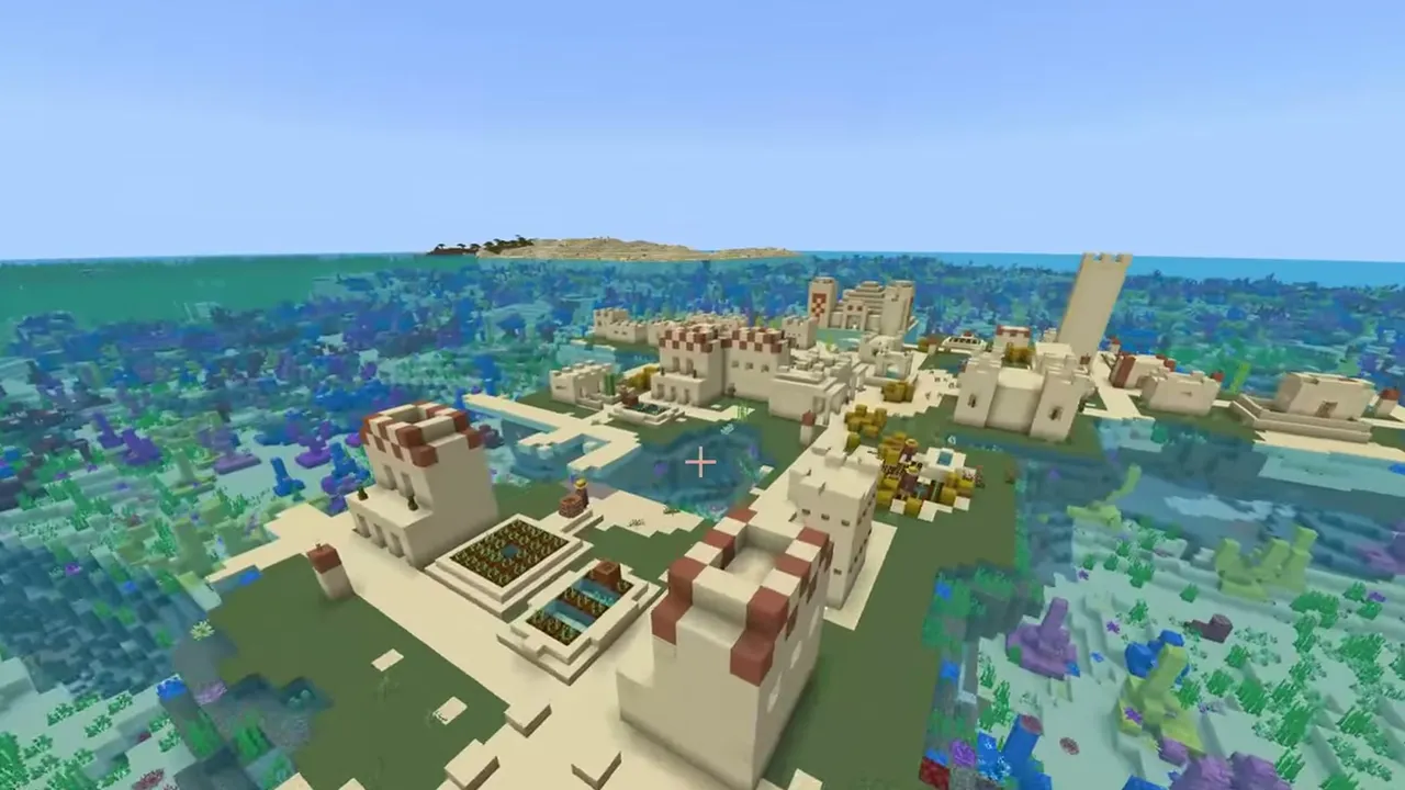 Coral Reef Island Desert Village, Temple, and Ruined Portal: Desert village and desert temple on a small island in a coral reef ocean