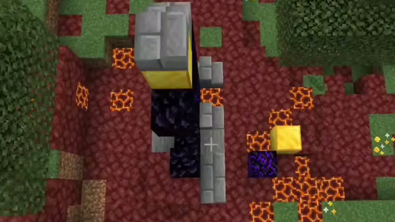 Two-Gold-Block Forest Portal Near Bay Village and Outpost: Forest ruined portal with two gold blocks, crying obsidian, and magma blocks