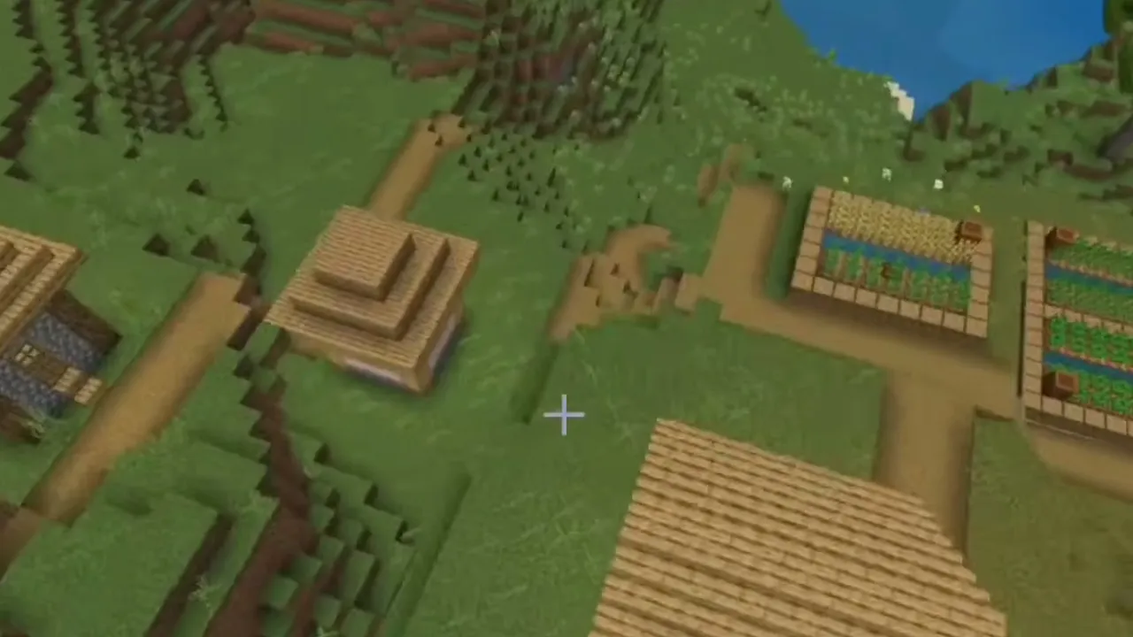 River Island Ruined Portal and Hilltop Plains Village: Hilltop plains village with oak cottages and fenced wheat plots