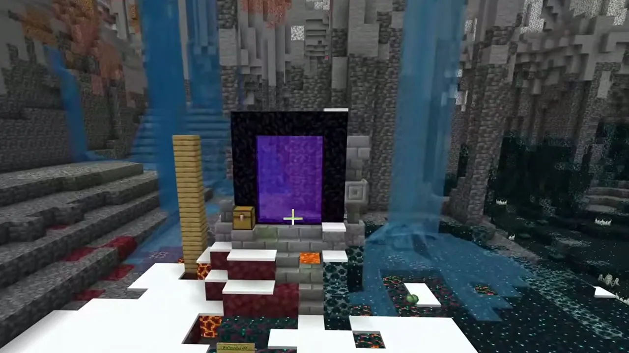 Snowy Spawn Cavern Portal with Nether Fortress: Lit ruined portal between two waterfalls inside a snowy cavern above sculk