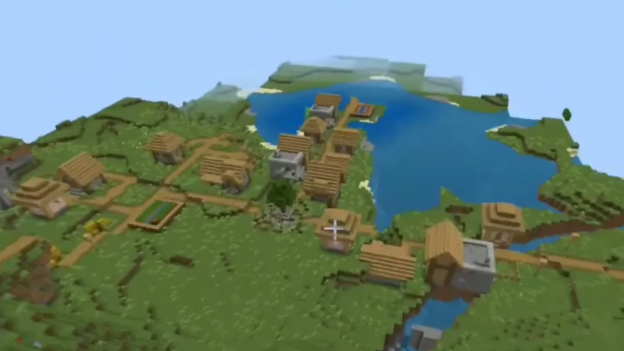 Sandy Riverbank Portal and Lakeside Plains Village: Plains village houses and farms wrapping around a wide river lake