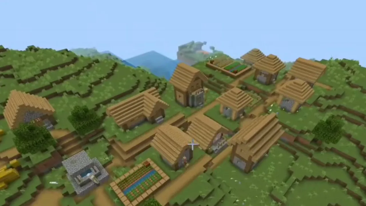 Underwater Seabed Ruined Portal and Stepped Hill Village: Plains village on stepped grassy hills above a river