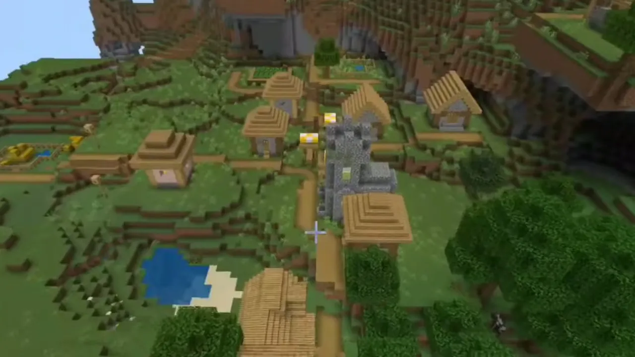 Forest Clearing Ruined Portal and Cliffside Plains Village: Plains village with a stone church below a tree-covered cliff