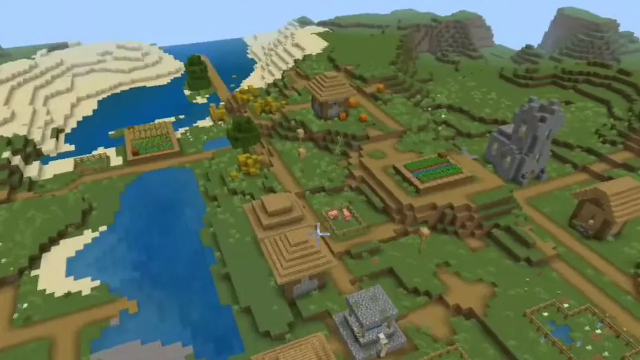 Crying Obsidian Hill Portal and Beachside River Village: Riverside plains village with a church and crop plots next to a sandy beach