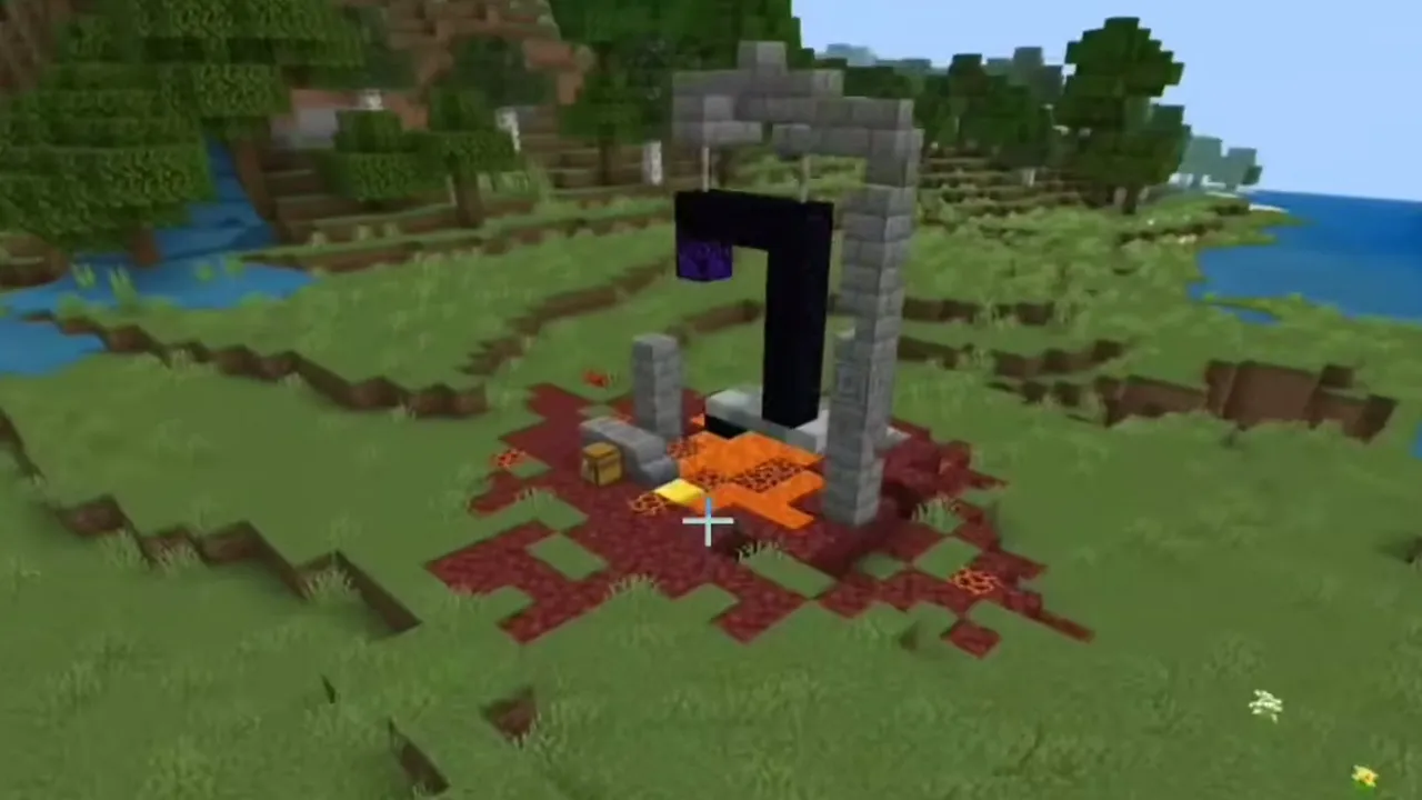 Meadow Ruined Portal and Snowy Mountain Slope Village: Ruined portal frame with stone bricks, lava, and a chest in a green field